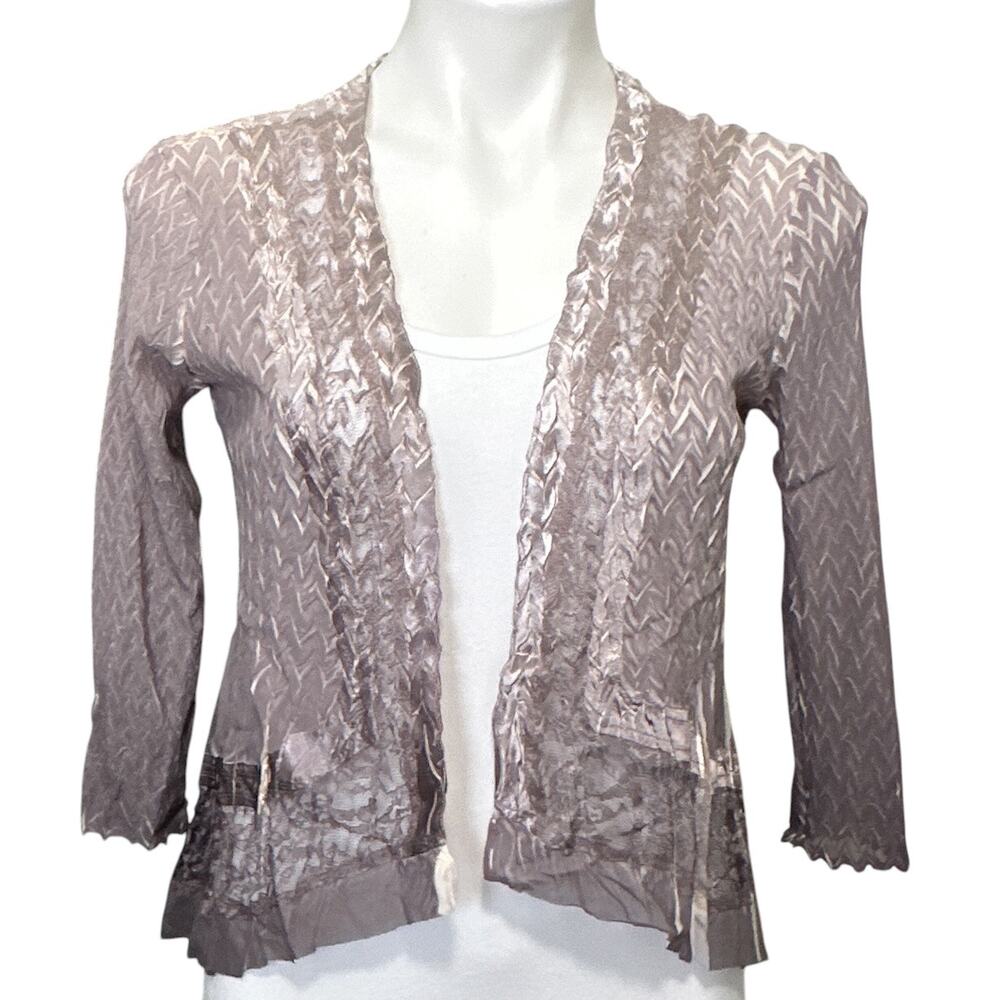 Komarov Crinkle Lace Trim Open Front Jacket Cardigan Women Taupe Tan Small